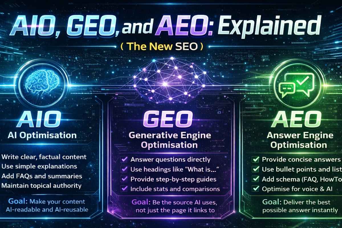 Infographic explaining AIO GEO and AEO for AI search.