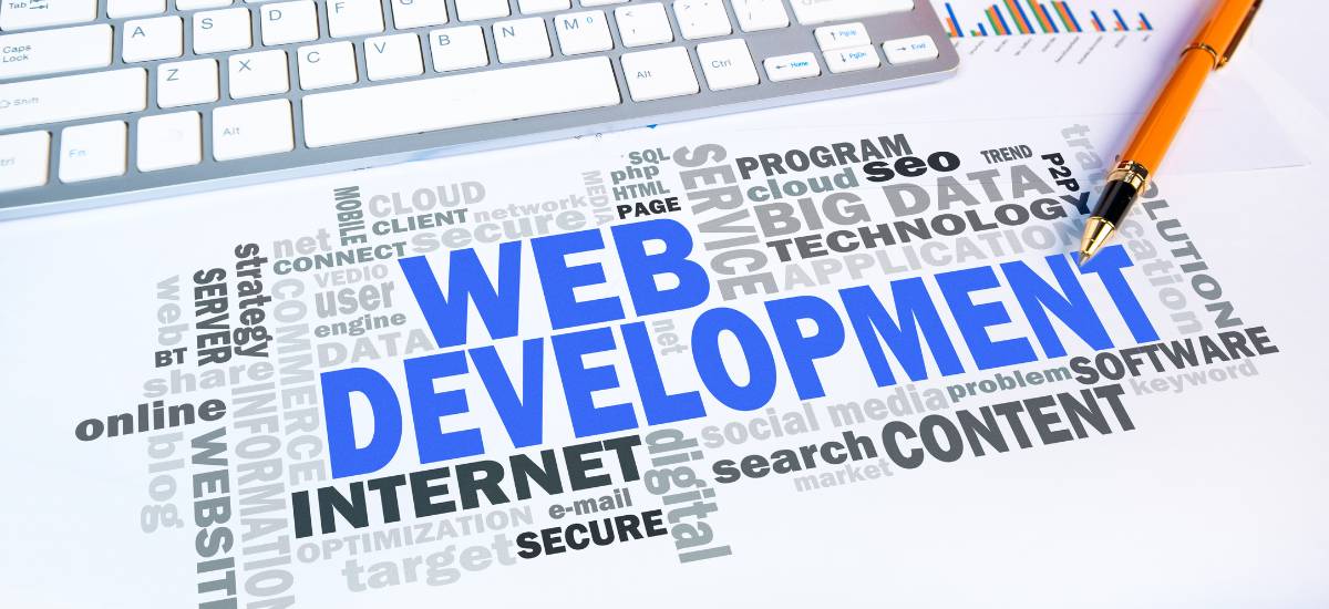Web development concept with SEO, content, and technology keywords representing digital marketing solutions