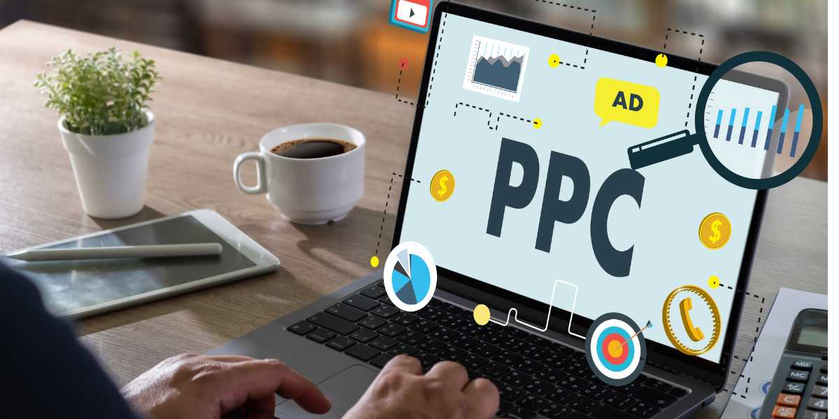 Laptop screen displaying PPC marketing analytics and icons
