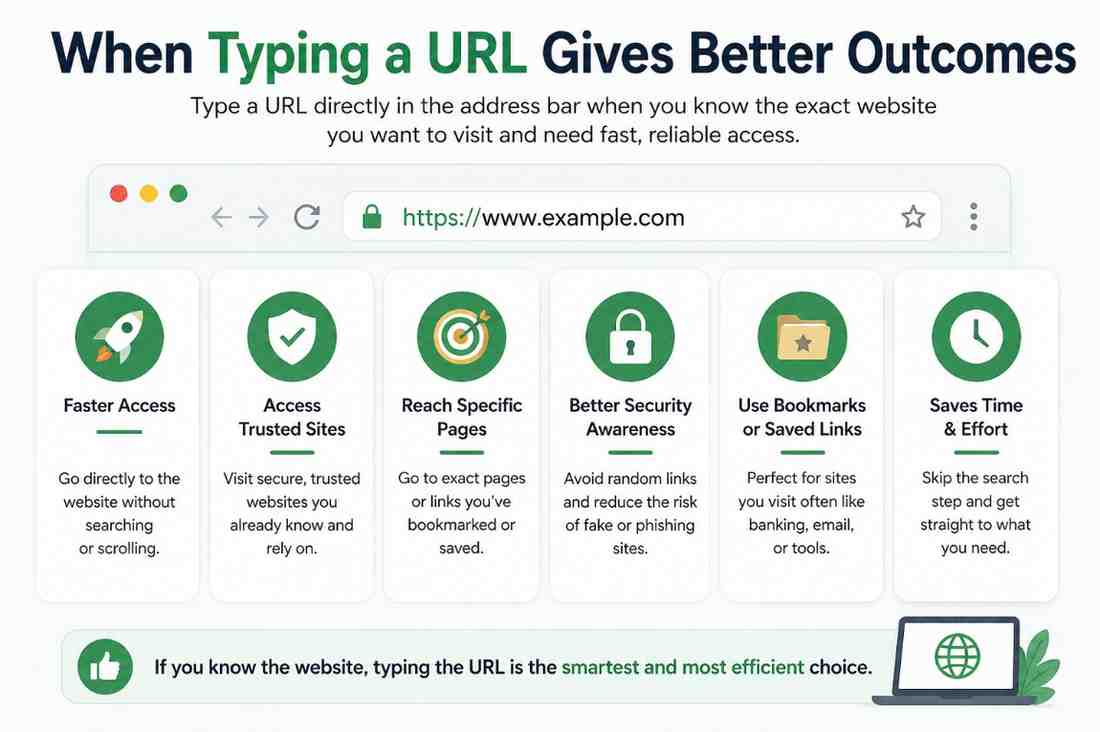Typing URL directly improves browsing speed, security, and website accessibility online.