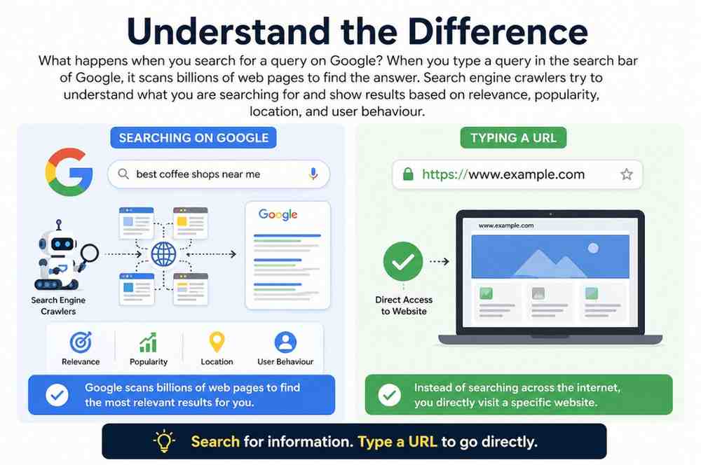 Infographic comparing Google search results with direct website URL access methods.