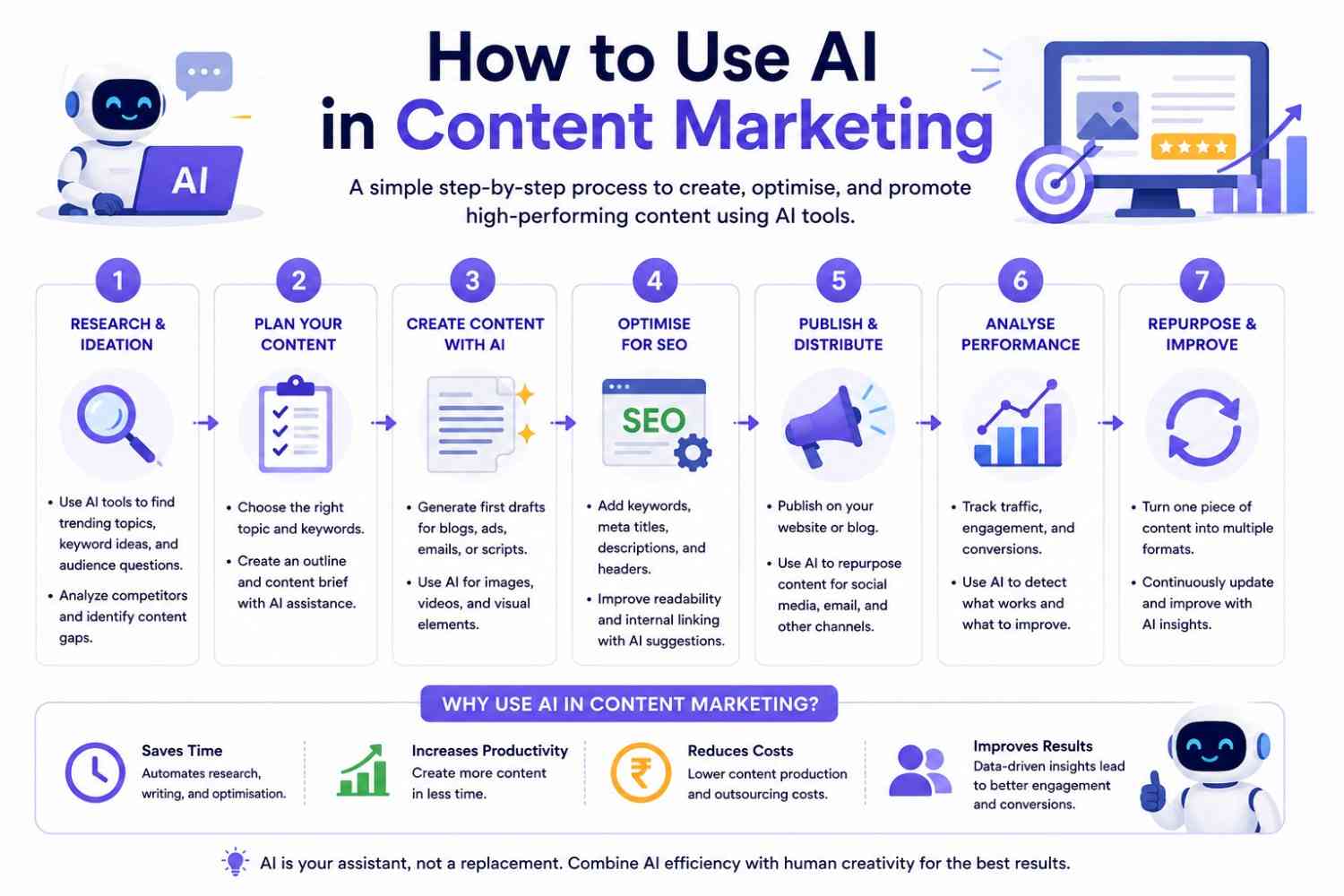 Infographic outlining a seven-step process for using AI in content marketing