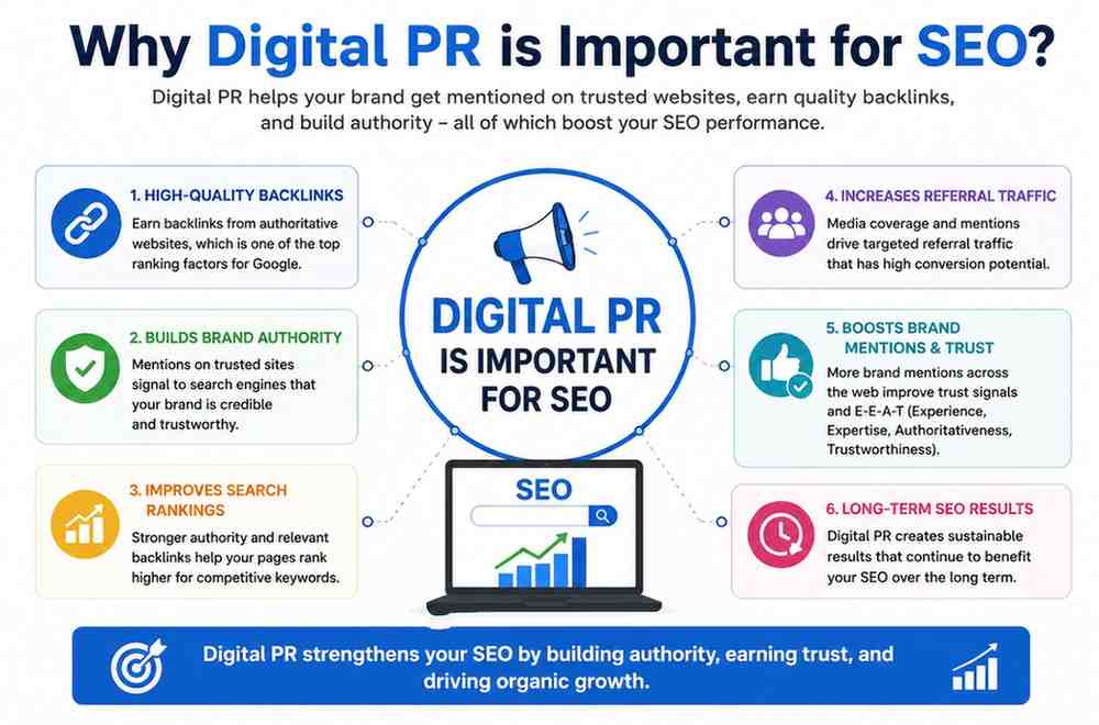 Digital PR infographic showing backlinks, authority, rankings, trust, and SEO