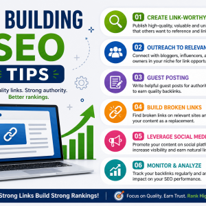 Infographic outlining six strategic link building tips for business growth
