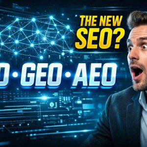 A man looking shocked at AIO, GEO, AEO text.