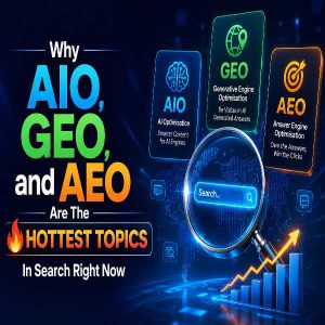 AIO GEO AEO search optimization trends with futuristic digital marketing