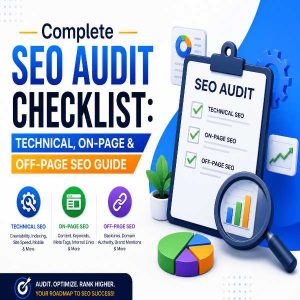 Complete SEO audit checklist infographic covering technical, on-page, off-page