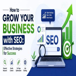 SEO business growth banner featuring analytics, rankings, traffic, and optimization.