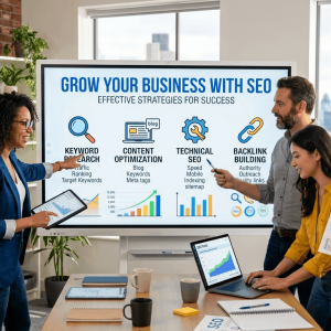Diverse team presenting SEO business growth strategies on digital screen