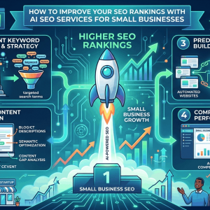 Infographic showing four steps to improve small business SEO rankings using AI services