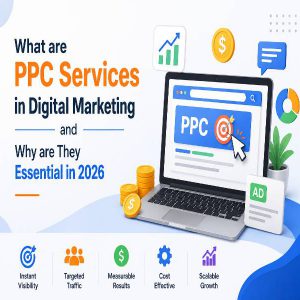 PPC services infographic highlighting digital marketing benefits, targeting, and growth.