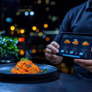 Man showing a digital tablet with online food ordering menu next to a plated dish, representing restaurant social media marketing and online visibility during festivals.