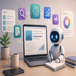 AI assistant creating digital marketing content beside laptop with analytics dashboard efficiently