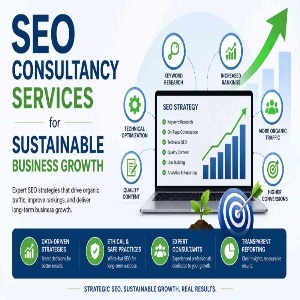 SEO consultancy services infographic showing strategies for sustainable business growth