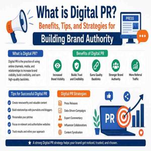 Digital PR infographic explaining benefits, strategies, and brand authority growth.