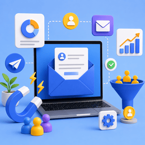 Email marketing illustration showing automation, analytics, leads, engagement, and growth