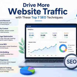 Website traffic growth dashboard highlighting seven essential SEO techniques for higher rankings