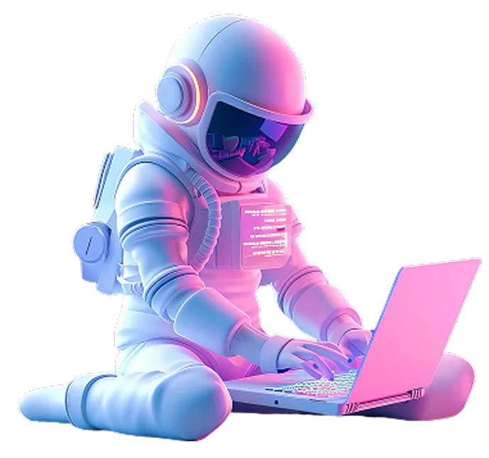 Futuristic astronaut using a laptop, representing technology, innovation, and digital development