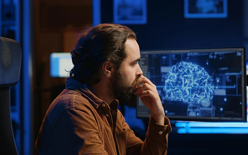 Tech specialist reviewing AI neural algorithms and machine learning analytics on computer screen